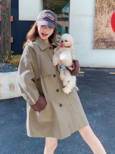 Khaki Color Womens Long Coat Casual Style Autumn New Hat Jacket Korean Version Loose Fit Long Sleeve Single Button Closure