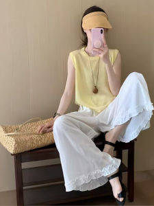 YUEZHONGWEI | Áo len dệt kim mỏng màu vàng Dopamine cổ tròn không tay mùa hè cho nữ Áo khoác ngoài độc đáo và đẹp thời trang công sở thường ngày