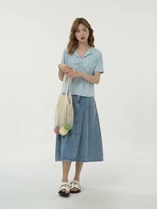 Áo Blouse Cổ Xanh Pháp Xếp Nếp Tay Ngắn