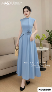 Váy Thiết Kế MDU5209 Chất Liệu Mango Ý Cao Cấp Màu Xanh Pastel Phối Hoa Nổi Đính Eo Tinh Tế Từ MDU