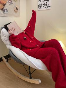 Korean Style Thickened Knitted Velvet Sleepwear Set for Women Sweet Semi-Fur Design Autumn Winter Home Clothes Red Color