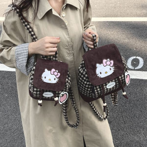 HelloKitty Womens Backpack 2025 New Korean Style Cute Beauty Girl Plaid Backpack Kitty Cat Small Book Bag Sweet Cool Style