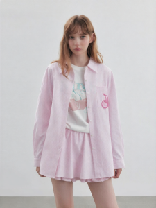 Korean Style Striped Embroidered Pink Casual Women Shirt