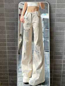 plus Size American Style Bell Bottom Workwear Jeans Womens Spring Autumn Loose High Waist Slim Straight Wide Leg Floor-Length Pants