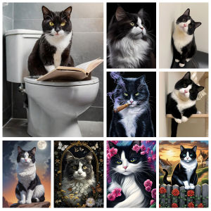 New Cow Cat DIY Diamond Painting Kit Black and White Cats Portrait Diamond Embroidery Mosaic Oil Painting Hand Gift Home Decor