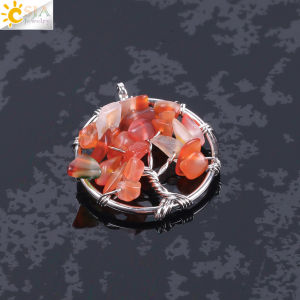 CSJA Tree of Life Necklace & Pendant Silver Color Crystal Natural Gem Stone Chip Beads 7 Chakra Wire Wrapped Women Jewelry F141