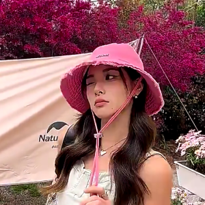 Women Hyuna Same Style Washed Big Brim Bucket Hat Raw Edge with Drawstring Summer Vacation Sunscreen Sun Hat