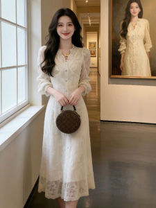 CHANGTONG | French Style V-Neck Waist-Cinching Elegant Long Dress