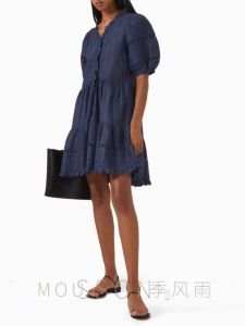 Short French Vintage Deep Blue Lace Trim V-neck Dress Slim Bubble Sleeve A-line High Waist Spring Sweet Style Summer Dress
