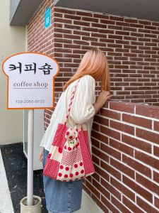 Cute Red Polka Dot Canvas Tote Bag Single Shoulder Bag Korean Style Youth Casual Bag Soft Handle Printed Interior Structure