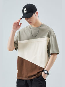 Mens Short Sleeve T-Shirt Summer New Style Japanese Color Block Trendy Brand Heavy Shoulder Loose Youth Clothing Breathable Cotton Blend