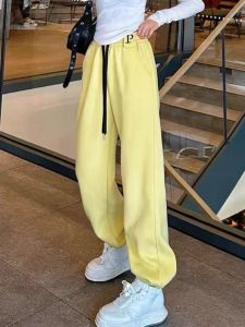plus Size Womens Pants Elastic Waist Fleece Lined Embroidered Letter Candy Color Cuffed Sweatpants Korean Style High Waist Long Trousers