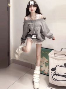 Unique Stylish Off-Shoulder Sweatshirt Slimming Trendy Little Girl Hot Girl Oversize Printed Long Sleeve Crew Neck Sweatshirt