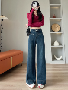 กางเกงยีนส์ทรงหลวมขาตรงสำหรับผู้หญิง กางเกงขายาวทรงหลวมฤดูใบไม้ร่วง/ฤดูหนาว กางเกงยีนส์ทรงหลวมสำหรับผู้หญิง ทรงหลวม ทรงหลวม