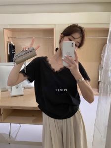 HUOLISI | French Style Lace Trim V-Neck Short Sleeve T-Shirt Women