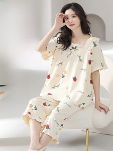 MiiOW | Bộ đồ ngủ cotton nguyên chất mùa hè cho nữ MiiOW Áo chui đầu tay ngắn quần dài bảy điểm cảm giác mát mẻ Bộ đồ mặc nhà thoải mái