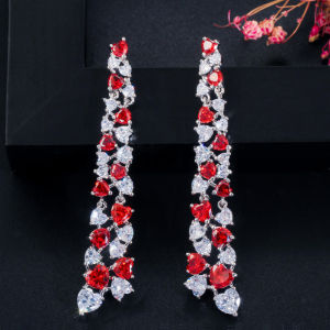SEQUITO Charming Women Inlaid White Red Heart Shape AAA CZ Zirconia Crystal Silver Plated Hollow Out Super Long Drop Dangle Earrings Elegant Lady Dating Evening Party Jewelry SE681