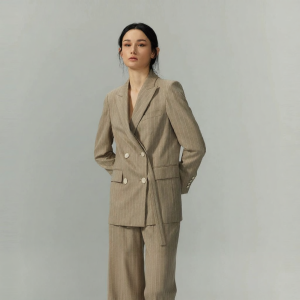 Designer Autumn Classic Stripe Cashmere Commuter Straight Cut Double Breasted Suit