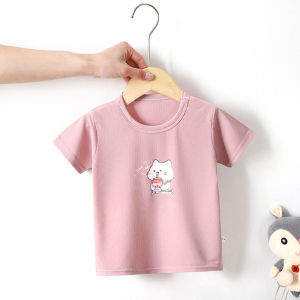 Barababa Ice Silk Childrens Short Sleeve T-Shirt Summer New Style Pure Color Cartoon mid Large Children Baby Half Sleeve Top