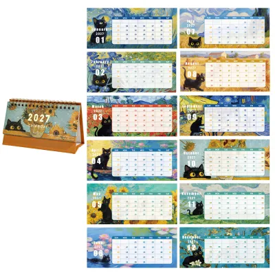 2027 Black Cat Painting Calendar Small Portable Design Daily/Monthly Planner Pages For Office Home Desk Time Organizer & Decor