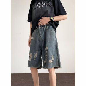 Quần Short Denim Xanh Rách Mùa Hè Cho Nam Cạp Vừa Dài Năm Inch Phong Cách Đường Phố Quần Jeans Nam Dáng Rộng Thoải Mái