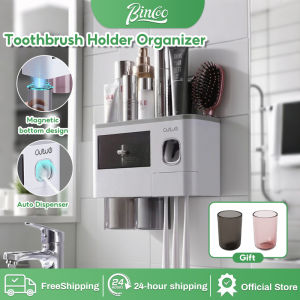 Bincoo Toothbrush Holder Organizer Wall-mounted Toothbrush Holder Automatic Toothpaste Holder Magnetic Toothbrush Holder with Squeezer Toothbrush Rack with 2 Cups