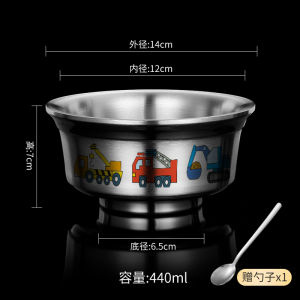 Childrens Stainless Steel Bowl 304 Food Grade Household Baby Eating Cartoon Double-Layer Insulation Non-Slip Anti-Scalding Parent-Child Bowl
