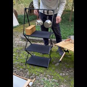 Folding Metal Rack Camping with Hooks: Multi-layer Outdoor Storage Rack Portable Picnic Cookware Hanging Rack Oxford Cloth Storage Rack