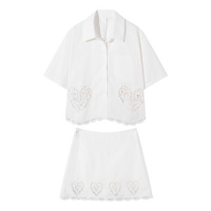 Embroidered Shirt And Short Skirt Set Womens Summer New Design Hollow out Cotton Two Piece Suit for Young Ladies 18-25 Years Old