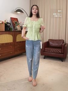 Elastic Slim Fit Single Button Square Neck Youthful Short Sleeve Blouse