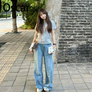 American Retro Blue Wide Leg Jeans Womens High Waist Loose Slimming Drapey Versatile Autumn New Style Casual Cotton Denim