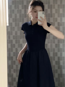 SUHUIQIAN | Navy Blue A-line Dress with Waist Cinching Hepburn Style