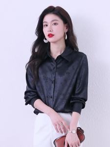 AMMIN 2024 autumn new simple lapel fashion r Chinese style jacquard long sleeve simple solid color commuter chiffon shirt womans Korean style natural drop elegant blouse