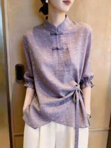 KUNAILIN | Elegant Stand Collar with Frogs and Waist Cinch Women Blouse