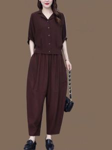 ชุดสองชิ้นผ้าไหมน้ำแข็งแฟชั่นขนาดใหญ่สำหรับผู้หญิงในฤดูร้อน ชุดสองชิ้นหลวมๆ ปกปิดหน้าท้อง ชุดสองชิ้นสำหรับคุณแม่ที่ลดอายุ