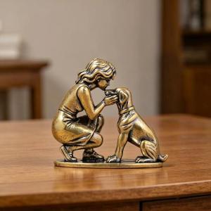 (ZYDD01) 1Pcs Brass Girl Dog Figure Home Desk Ornament Retro Figurine Small Decorative Crafts Creative Decor