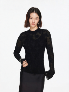 Vero Moda | Lace Shimmer Semi High Collar Flared Sleeve Fitted T Shirt