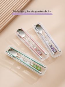 Bộ Thìa Đũa Bằng Thép Không Gỉ 304 Màu Khối Di Động Cho Học Sinh Hộp Đựng Đồ Ăn Nhẹ Bằng Nhựa PP Có Thể Gấp Lại