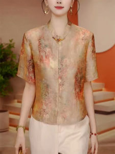 QINGNAER | Plus Size Elegant National Style Anti-aging Embroidered Short Sleeve Shirt