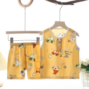 Baby Boy Summer Outfit Set Silk Thin Cotton Vest And Pants Casual Cartoon Print Comfortable Breathable Clothing for Infants