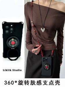 360 Degree Rotatable Red Center Record Holder Stand Compatible with iPhone 17 pro Max Lanyard Support Point Mobile Phone Case Crossbody Apple 16 Xiaomi 15 Strap Huawei Mate 70 Pura 80