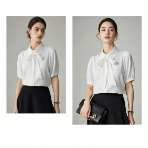 YAKEJIA | White Chiffon Ribbon Short Sleeve Shirt for Women Office Formal Interview