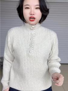 Womens Long Sleeve Knitted Sweater Lace Splicing Stand Collar Autumn Winter Slimming Inner Wear Top High Quality Cotton Blend