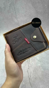 Genuine Leather Wallet Men Button Zip Short Wallet Cow Leather Dompet Kulit Lelaki Purse