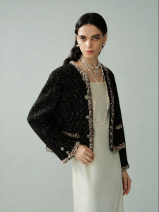 Black Classic Short Style Tweed Versatile Outerwear
