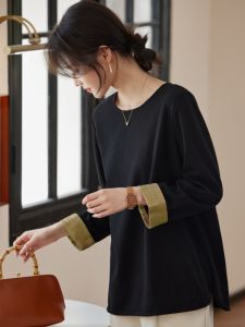 September Star Flash round Neck Shirt Womens Retro Chinese Style Long Sleeve T-Shirt Color Block Top Polyester Spandex Blend