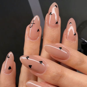 Medium almond fake nails in Beige with red black white heart & letter designs for Valentines Day press on false nail art set
