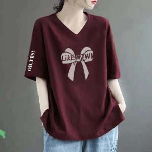 Womens Loose Fit Short Sleeve T-Shirt V-Neck Slimming Print Cotton Korean Style Summer Top Wine Red Color Conceals Belly