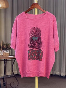 Loose Fit Womens Knitwear round Neck Short Sleeve T-Shirt plus Size Summer New Style Casual Top Printed Versatile Casual Shirt