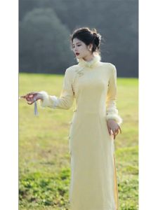 New Chinese Style Cheongsam Winter Thickened Fleece Young Style Yellow Elegance Lady Vintage Retro High-End Feeling Womens Long Dress